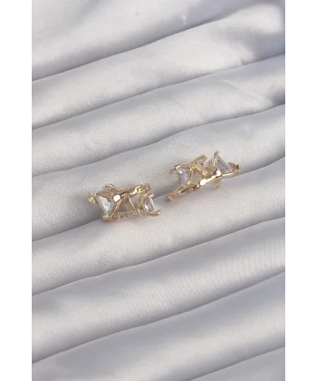 Pirinç Gold Renk İri Zirkon Taşlı Kıvrımlı Minimal Kelebekli Halka Küpe