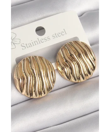 Pirinç Gold Renk İşlemeli Daire Plaka Model Kadın Küpe