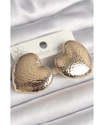 Pirinç Gold Renk İşlemeli Kalp Model Kadın Küpe