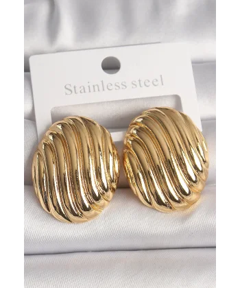 Pirinç Gold Renk İşlemeli Oval Model Kadın Küpe