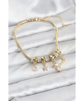 Pirinç Gold Renk Kalpli Model Charmlı Kadın Bileklik