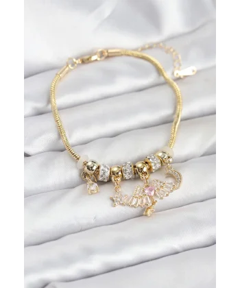 Pirinç Gold Renk Kanatlı Charmlı Kadın Bileklik