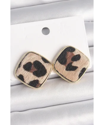 Pirinç Gold Renk Kare Leopar Model Kadın Küpe