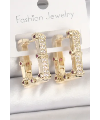 Pirinç Gold Renk Kare Zirkon Taşlı Kadın Küpe