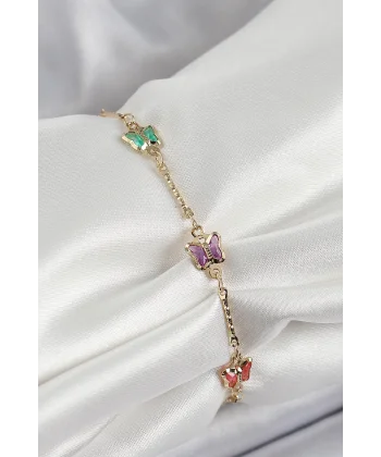 Pirinç Gold Renk Karışık Renk Kelebek Zirkon Taşlı Kadın Bileklik