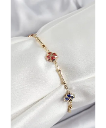 Pirinç Gold Renk Karışık Renk Yonca Zirkon Taşlı Kadın Bileklik