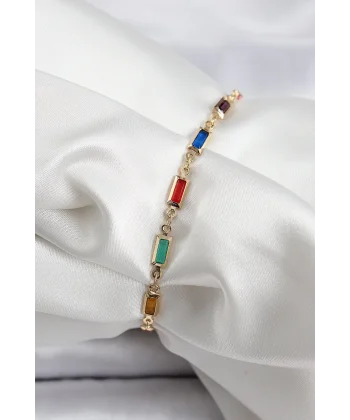 Pirinç Gold Renk Karışık Renkli Kare Zirkon Taşlı Kadın Bileklik