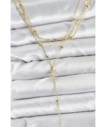 Pirinç Gold Renk Kutup Yıldızı Detaylı 3lü Kombin Kadın Kolye