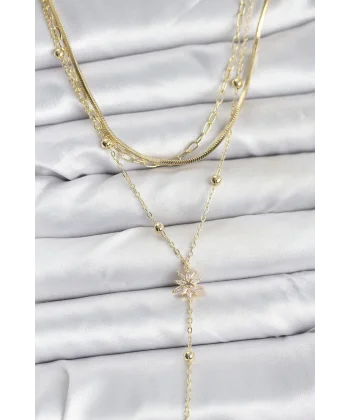 Pirinç Gold Renk Kutup Yıldızı Model Detaylı 3lü Kombin Y Kadın Kolye