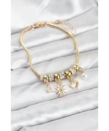 Pirinç Gold Renk Kutup Yıldızı ve Kalp Charmlı Kadın Bileklik