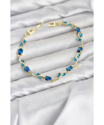 Pirinç Gold Renk Mavi Zirkon Taşlı Çiçek Model Kadın Bileklik