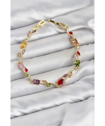Pirinç Gold Renk Mix Renk Zirkon Taşlı Çiçek Model Kadın Bileklik