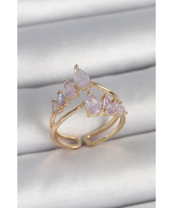 Pirinç Gold Renk Mor Damla Zirkon Taşlı Taç Model Kadın Yüzük