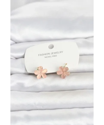 Pirinç Gold Renk Pembe Çiçek Model Çocuk Küpe
