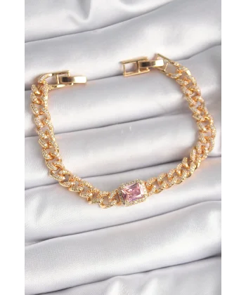 Pirinç Gold Renk Pembe Kare Zirkon Taşlı VIP Seri Kadın Bileklik