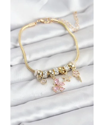 Pirinç Gold Renk Pembe Kelebek Charmlı Kadın Bileklik