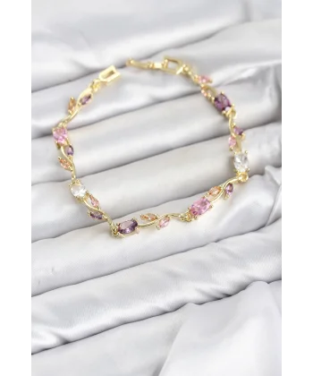 Pirinç Gold Renk Pembe ve Mor Zirkon Taşlı Çiçek Model Kadın Bileklik