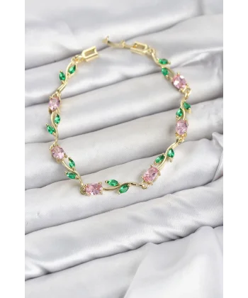 Pirinç Gold Renk Pembe Zirkon Taşlı Çiçek Model Kadın Bileklik