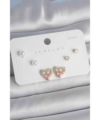 Pirinç Gold Renk Pembe Zirkon Taşlı Kalp Model İnci Detay 925 Ayar Kadın Küpe Seti