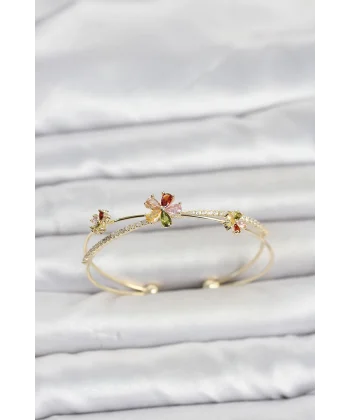 Pirinç Gold Renk Renkli Çiçek Model Kadın Bileklik