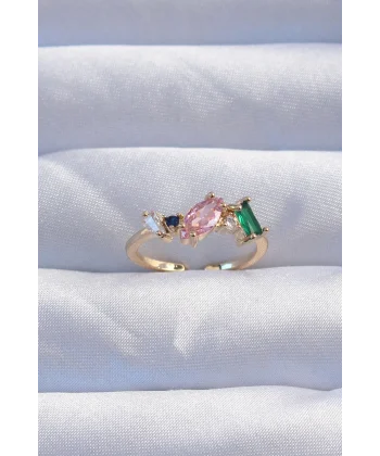 Pirinç Gold Renk Renkli Zirkon Taşlı Ayarlanabilir Yüzük