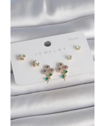Pirinç Gold Renk Renkli Zirkon Taşlı Çiçek Model Yaprak Detay 925 Ayar Gümüş Çivi Kadın Küpe Seti