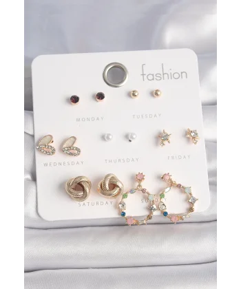 Pirinç Gold Renk Renkli Zirkon Taşlı Kalp Detay 7 Çift Kadın Küpe Seti