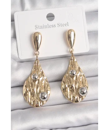 Pirinç Gold Renk Sallantı Damla Model Gümüş Top Detay Kadın Küpe