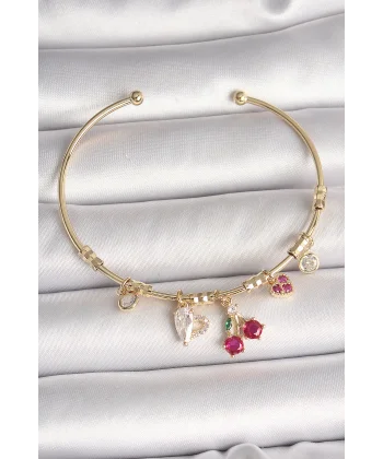 Pirinç Gold Renk Sallantı Kırmızı Zirkon Taşlı Kiraz Figür Charm Kadın Bileklik