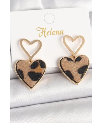 Pirinç Gold Renk Sallantı Leopar Kalp Model Kadın Küpe