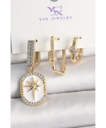 Pirinç Gold Renk Sallantı Zirkon Taş İşlmeli Yıldız Portre Model 3Lü Kadın Kombin Küpe