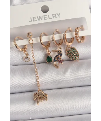 Pirinç Gold Renk Sallantı Zirkon Taşlı Ağaç Figür Kadın Küpe Seti