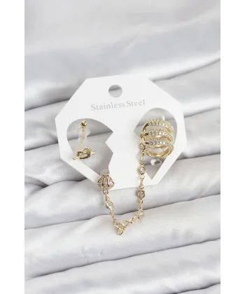 Pirinç Gold Renk Sarmal Model Zincir Bağlantılı Ear Cuff Küpe Seti