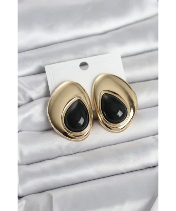 Pirinç Gold Renk Siyah Taşlı Damla Model Vintage Kadın Küpe