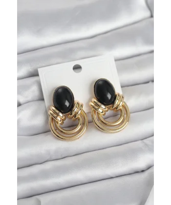 Pirinç Gold Renk Siyah Taşlı Vintage Kadın Küpe