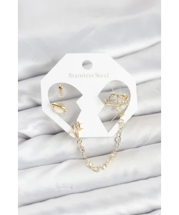 Pirinç Gold Renk Uzay Model Zincir Bağlantılı Ear Cuff Küpe Seti