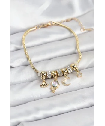 Pirinç Gold Renk Uzay Tema Charmlı Kadın Bileklik