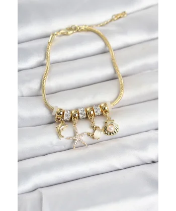 Pirinç Gold Renk Yaz Konseptli Charmlı Kadın Bileklik