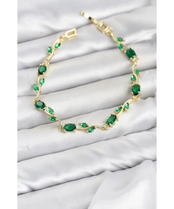 Pirinç Gold Renk Yeşil Zirkon Taşlı Çiçek Model Kadın Bileklik