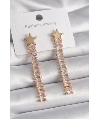 Pirinç Gold Renk Yıldız Model Su Yolu Zirkon Taşlı Kadın Küpe