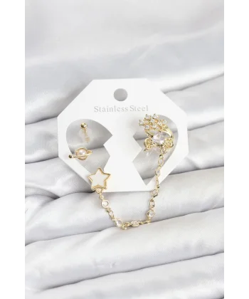 Pirinç Gold Renk Yıldız Model Zincir Bağlantılı Ear Cuff Küpe Seti