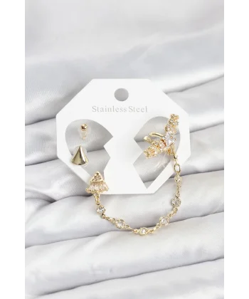 Pirinç Gold Renk Yıldızlı Model Zincir Bağlantılı Ear Cuff Küpe Seti