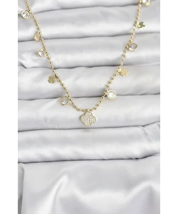 Pirinç Gold Renk Yonca Model Kadın Kolye