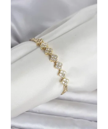 Pirinç Gold Renk Yonca Model Zirkon Taşlı Kadın Bileklik