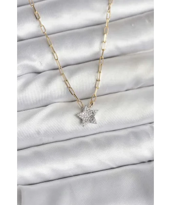 Pirinç Gold Renk Zincirli Zirkon Taşlı Minimal Yıldız Model Kadın Kolye