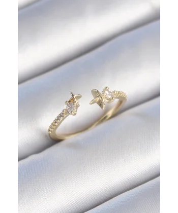 Pirinç Gold Renk Zirkon Taş Detay Yıldız Model Kadın Yüzük