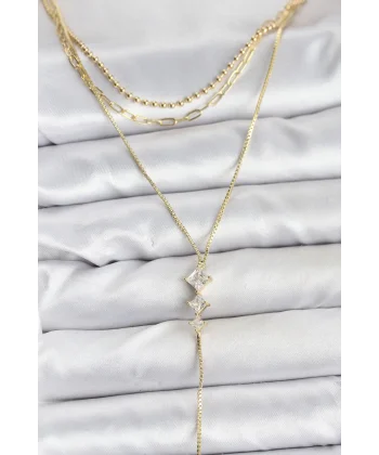 Pirinç Gold Renk Zirkon Taş Detaylı 3lü Kombin Y Kadın Kolye