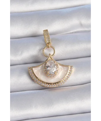 Pirinç Gold Renk Zirkon Taş Detaylı Beyaz Mineli Ajda Charm