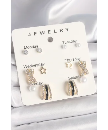 Pirinç Gold Renk Zirkon Taş Yıldız Detaylı İncili 7Li Set Kadın Küpe Seti