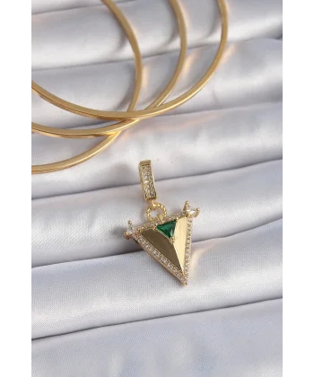 Pirinç Gold Renk Zirkon Taşlı 3D Üçgen Model Ajda Charm
